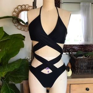 Sexy 70’s inspired Bond Girl black wrap one piece swimsuit- SO SO HOT